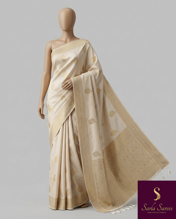 The Kashi Mayura: Cream & Gold Heirloom Banarasi Silk Saree