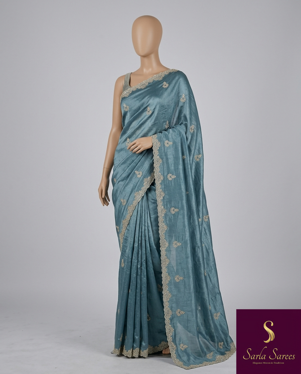 The Meghna Yamuna: Steel Blue Embroidered Raw Silk Saree