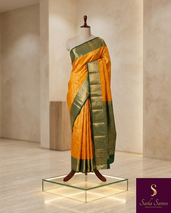 The Haldi Aahana: Mustard Yellow & Bottle Green Kanchipuram Silk Saree