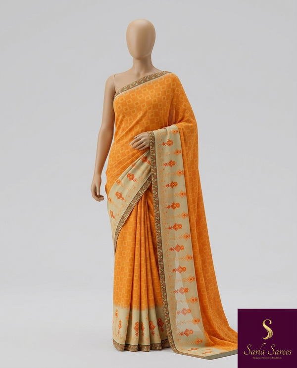 The Vasanta Malini: Sunset Orange Printed Chiffon Saree