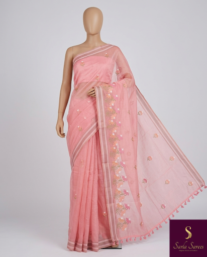 The Gulabi Aahana: Powder Pink Embroidered Cotton Saree