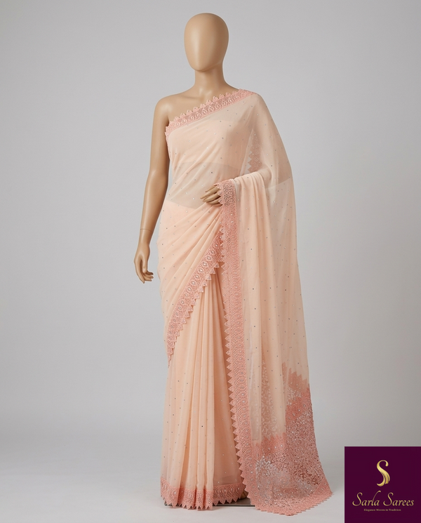 The Charu Mayura: Peach-Nude Embroidered Georgette Saree