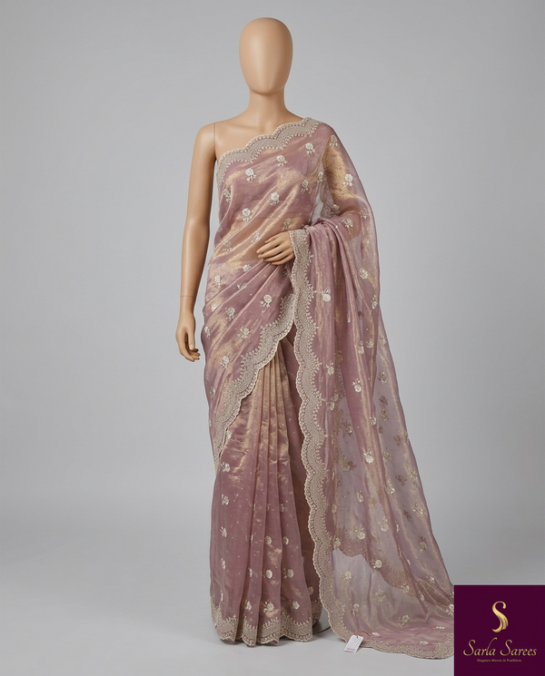 The Malini Ira: Mauve-Rose Tissue Organza Saree