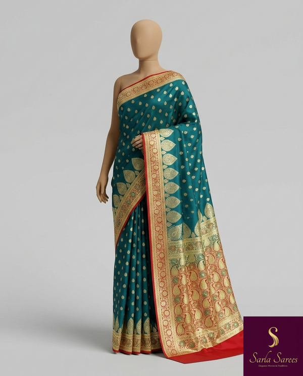 The Mandira Mayura: Teal Blue & Crimson Banarasi Silk Saree