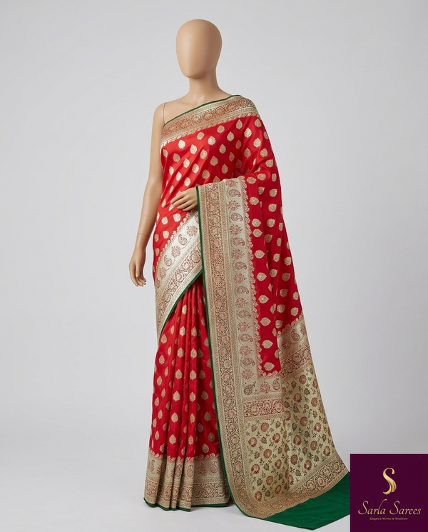 The Rudrani Mayura: Scarlet Red & Emerald Banarasi Silk Saree