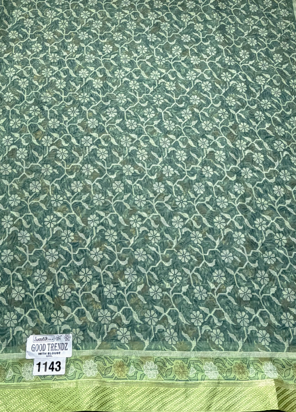 The Vasundhara Mayura: Sage Green & Lime Floral Printed Saree