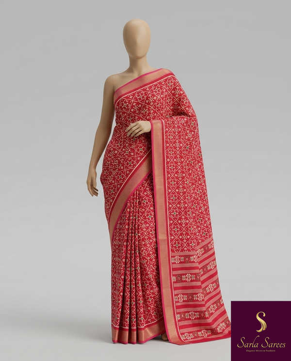 The Nandini Lavanya: Carmine Red Printed Raw Silk Saree