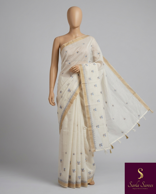 The Anwita Riva: Ivory & Gold Zari Pure Cotton Saree