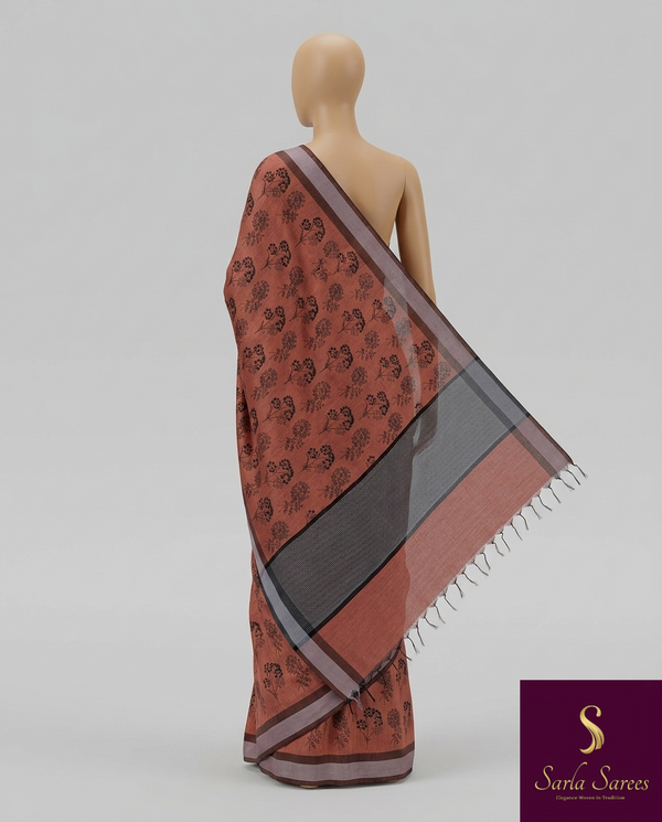 The Mridula Riva: Rust Terracotta & Slate Grey Printed Cotton Saree