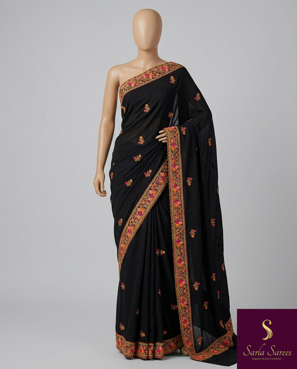 The Yamini Vilasa: Jet Black Multicolor Embroidered Saree