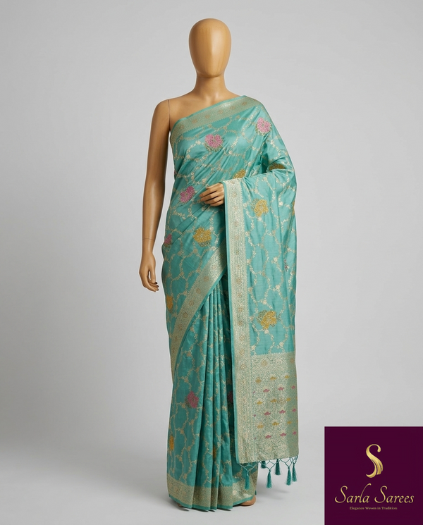 The Samaira Vilasa: Sea Green & Gold Woven Silk Saree