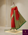 The Arundhati Vilasa: Vermilion Red & Emerald Green Woven Saree