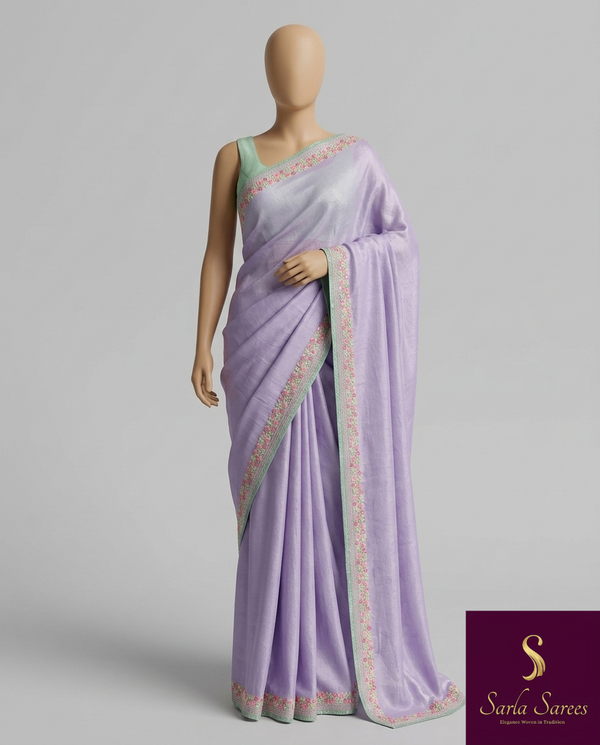 The Vritika Vilasa: Lilac Embroidered Tissue Saree