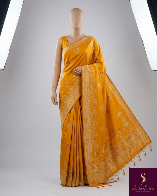 The Hemakshi Vilasa: Haldi Mustard & Antique Zari Woven Saree