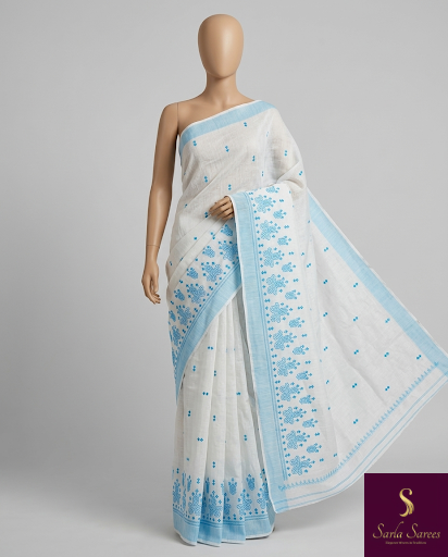 The Lavanya Riva: Pristine White & Sky Blue Embroidered Cotton Saree