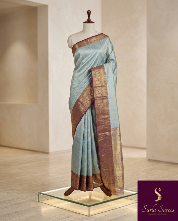 The Indrani Vilasa: Powder Blue & Wine Tissue Kanchipuram Silk Saree