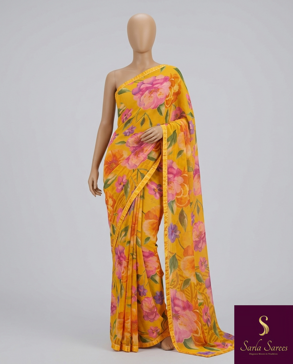 The Siya Riva: Sunshine Yellow Floral Printed Saree