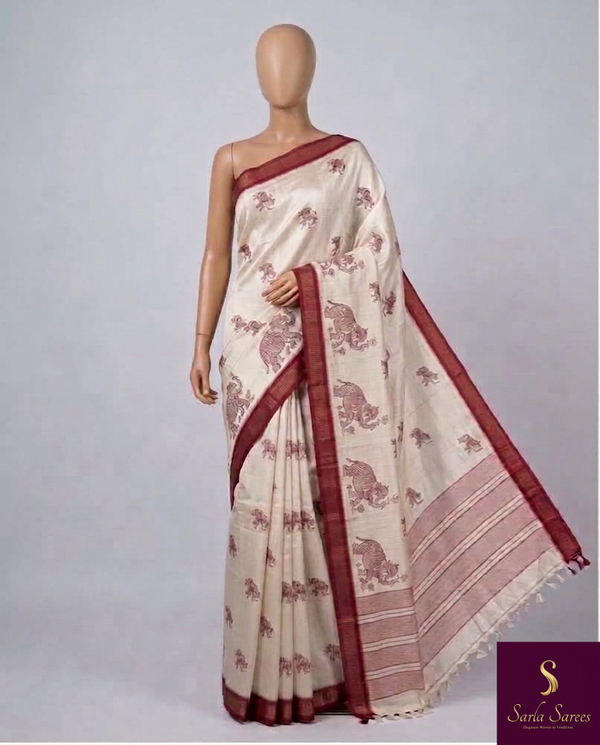 The Gaja Vilasa: Cream & Maroon Tussar Silk Cotton Saree