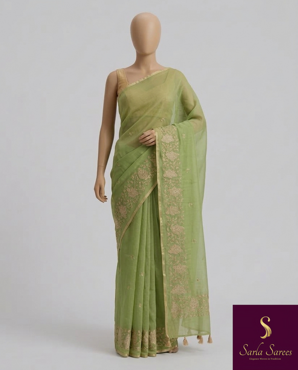 The Prakriti Riva: Pistachio Green Embroidered Cotton Saree