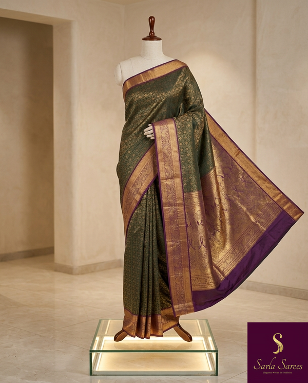The Mridula Vilasa: Olive Green & Royal Purple Kanchipuram Silk Saree