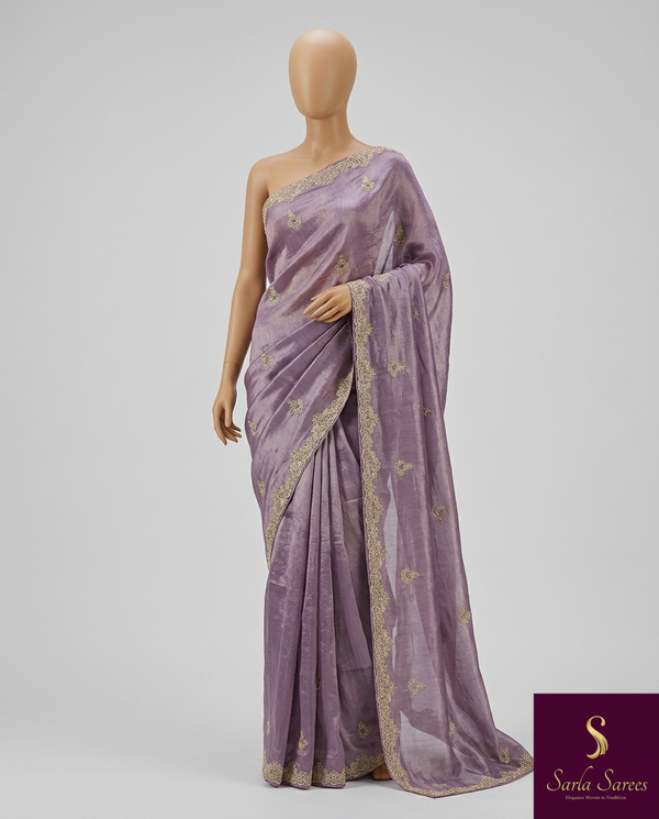 The Anvi Riva: Dusty Lavender Embroidered Scalloped Saree