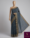 The Neelambari Riva: Slate Blue Embroidered Cotton Saree