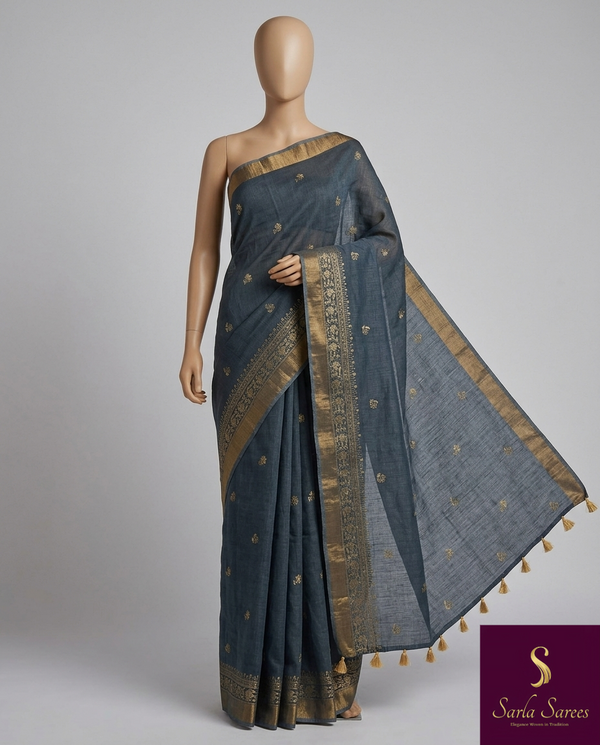 The Neelambari Riva: Slate Blue Embroidered Cotton Saree