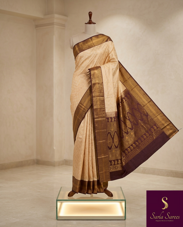 The Kalyani Vilasa: Cream & Coffee Brown Kanchipuram Silk Saree