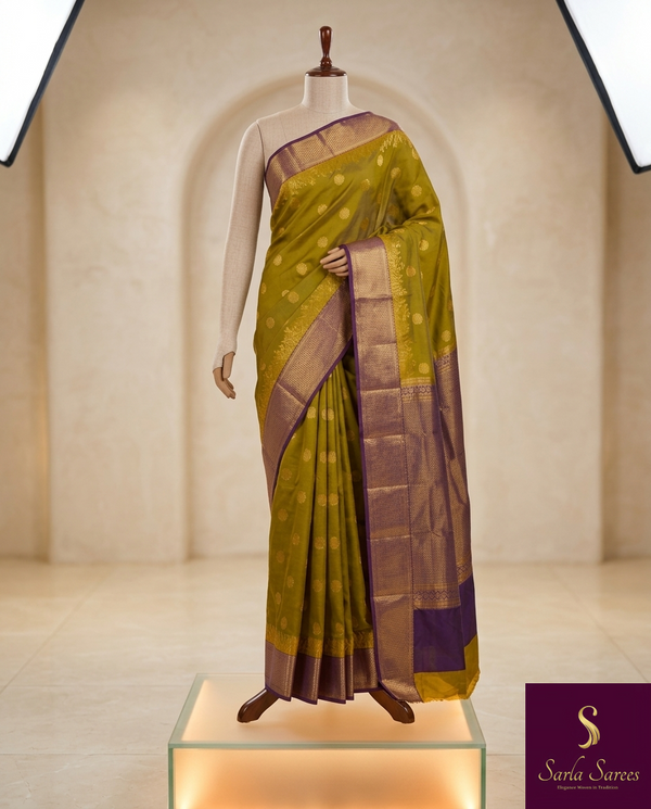 The Madhavi Vilasa: Chartreuse Olive & Royal Purple Kanchipuram Silk Saree
