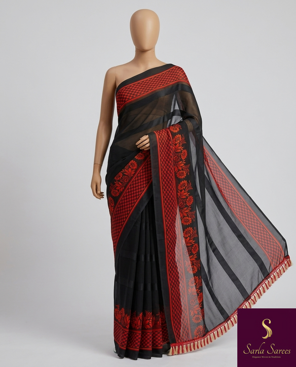 The Vritika Riva: Jet Black & Crimson Satin Border Printed Saree