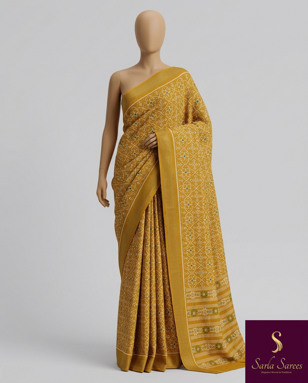 The Hamsini Riva: Mustard Yellow Patola Printed Saree