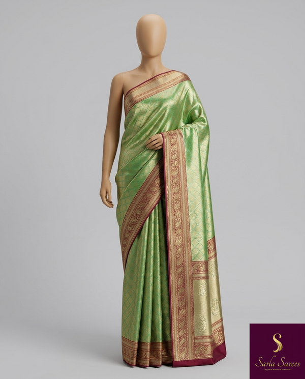 The Mrinmayi Vilasa: Sage Mint & Wine Banarasi Tissue Silk Saree