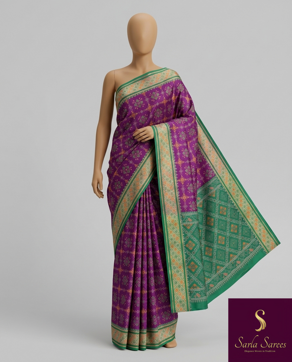 The Vaishnavi Riva: Royal Purple & Emerald Green Patola Printed Saree