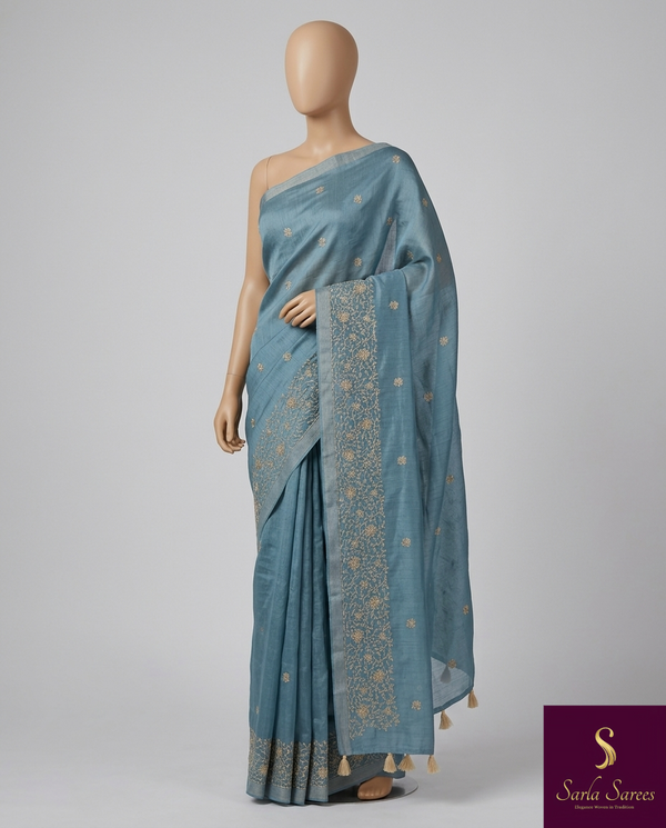 The Neeraja Riva: Slate Blue Embroidered Handloom Cotton Saree