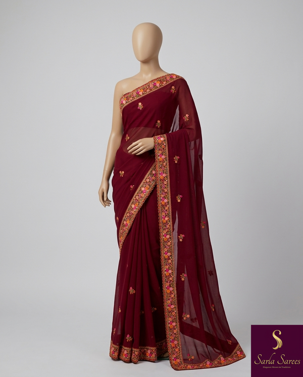The Sharanya Riva: Deep Maroon & Multicolor Threadwork Embroidered Saree