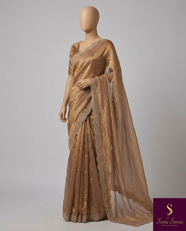 The Alvira Riva: Smokey Taupe Scalloped Embroidered Saree