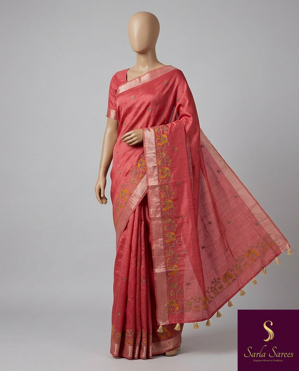 The Rohini Vilasa: Rose Coral Royal Safari Handloom Cotton Saree