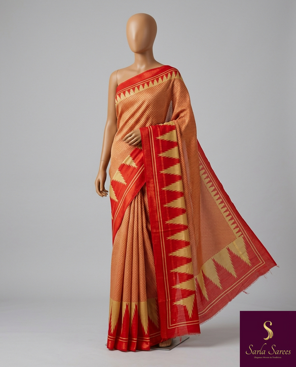 The Trishala Riva: Marigold Orange & Crimson Red Temple Printed Saree
