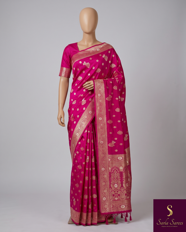 The Rajeshwari Vilasa: Rani Pink & Antique Gold Raw Silk Saree