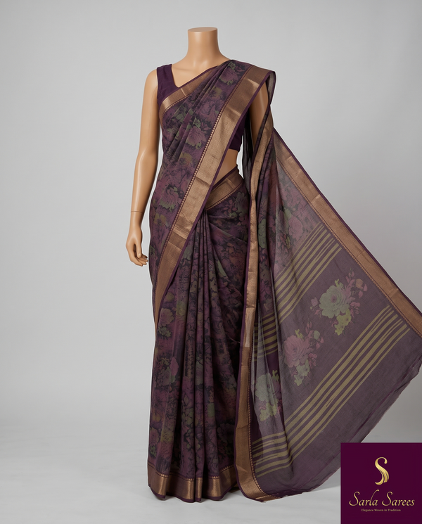 The Avantika Riva: Aubergine Purple Floral Chiffon-Kota Saree with Gold Zari Border
