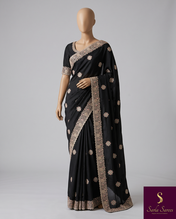 The Kaashvi Riva: Midnight Black Georgette Saree with Embroidered Scallop Border