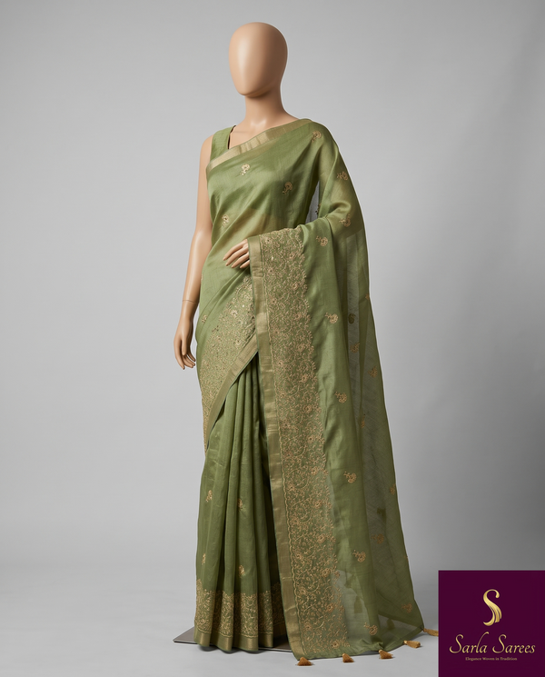 The Vanya Riva: Olive Green Handloom Cotton Saree with Floral Vine Embroidery