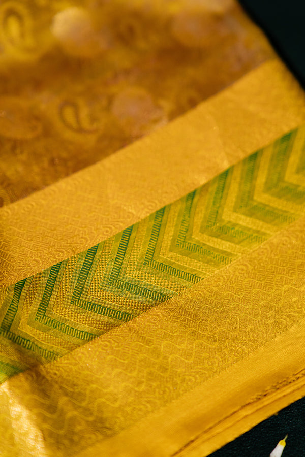 The Earthen Olive: Olive Green Silk Saree with Lime Chevron Border