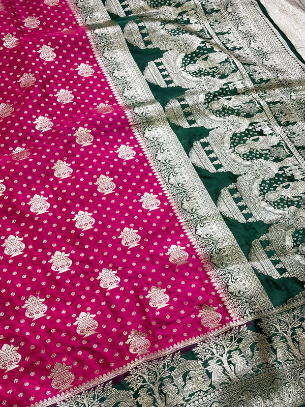 The Royal Durbar: Rani Pink Banarasi Silk Saree with Emerald Shikargah & Palace Pallu
