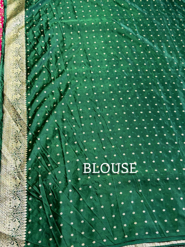 The Royal Durbar: Rani Pink Banarasi Silk Saree with Emerald Shikargah & Palace Pallu