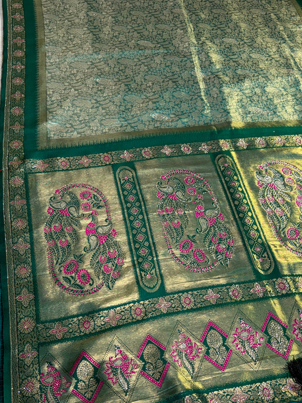 The Jade Meenakari: Sea-Green Brocade Silk Saree with Peacock & Paisley Pallu
