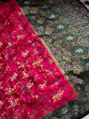 The Mughal Garden: Cherry Red Banarasi Silk Saree with Emerald Shikargah & Palace Arch Pallu