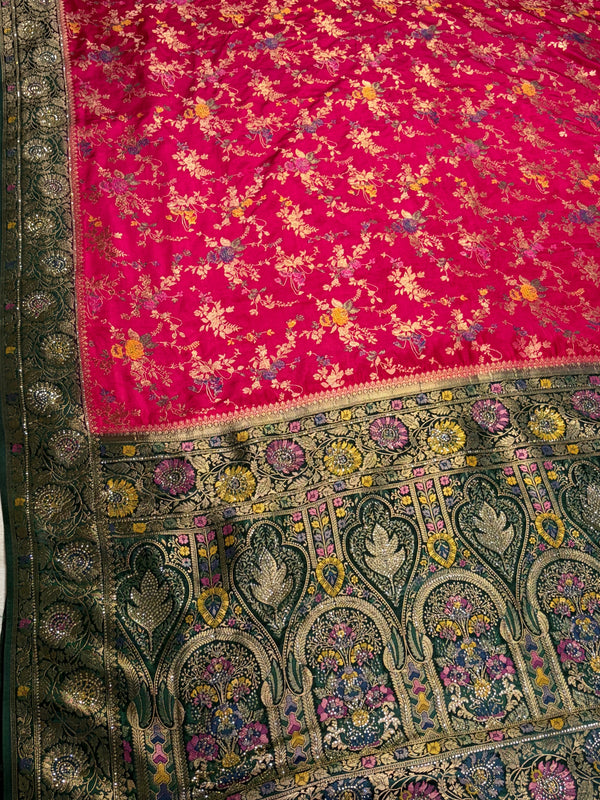 The Mughal Garden: Cherry Red Banarasi Silk Saree with Emerald Shikargah & Palace Arch Pallu
