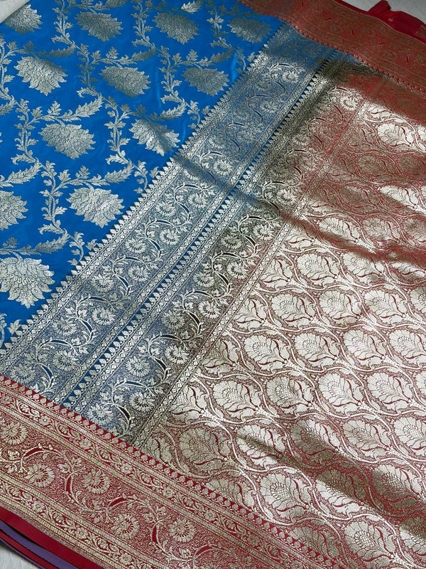 The Cerulean Court: Royal Blue Banarasi Silk Saree with Crimson & Silver-Gold Zari