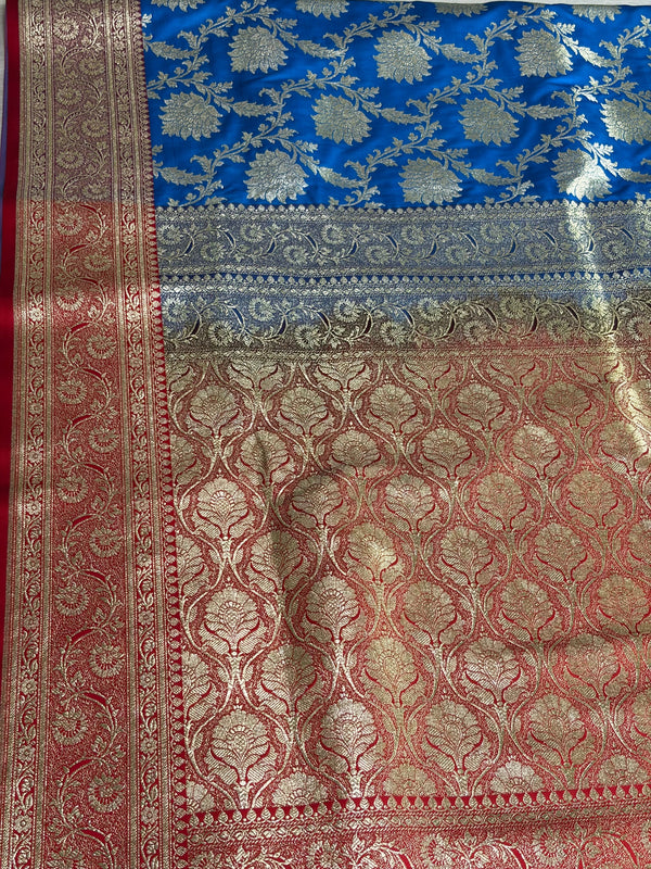 The Cerulean Court: Royal Blue Banarasi Silk Saree with Crimson & Silver-Gold Zari